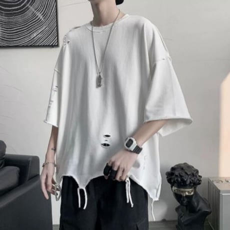 トップス メンズ Tシャツ ブラウス 半袖 暗黒系 ダメージ加工
