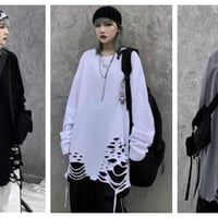 秋 メンズ トップス ファッション 長袖 Tシャツ ラウンドネック カジュアル ダメージ加工