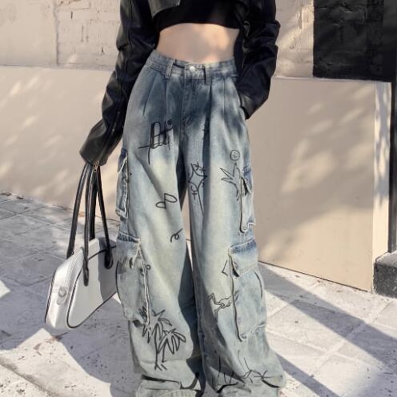 【y2k】 ワイドデニムパンツ 星 ギャル swag 平成 v系 スターモチーフY2Kワイドデニムパンツ[品番：ANCW0000076