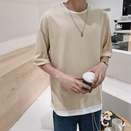 メンズ トップス Tシャツ 半袖 ブラウス クルーネック夏 レイヤード
