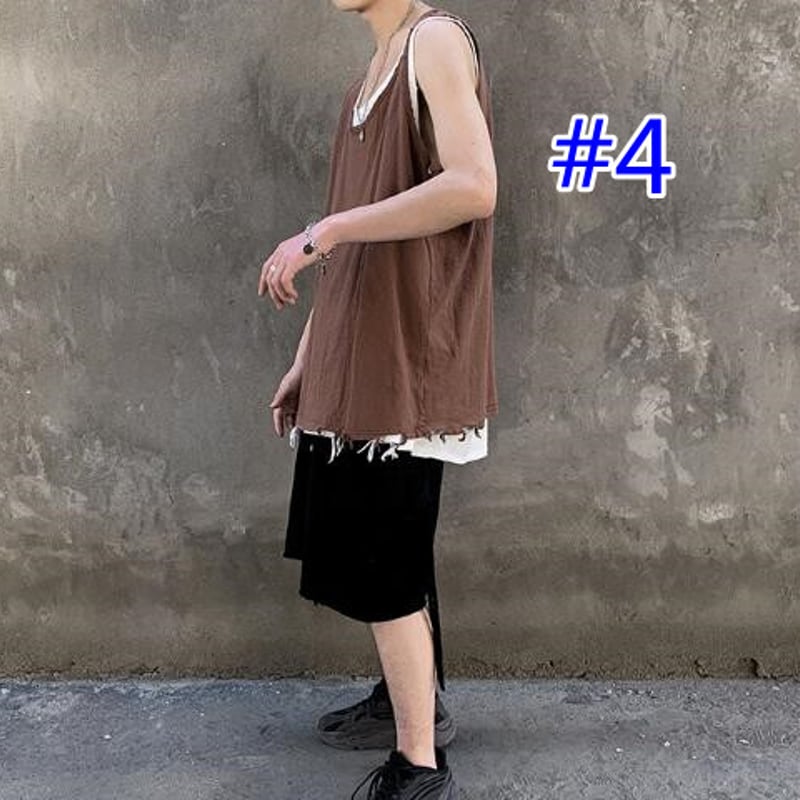 メンズ トップス タンクトップ ベスト ロースリーブ ダメージ加工