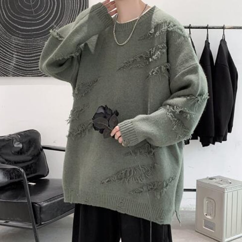 秋冬 メンズ トップス ニット セーター クルーネック ダメージ 秋冬 メンズ トップス ニット セーター クルーネック ダメージ