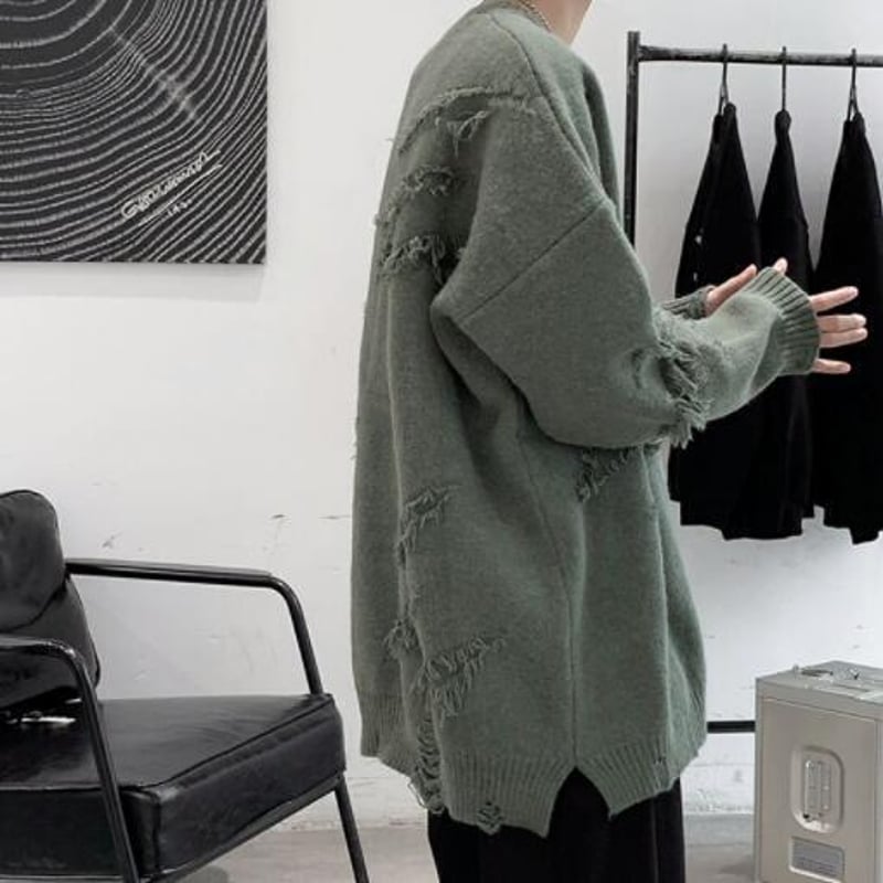 秋冬 メンズ トップス ニット セーター クルーネック ダメージ加工