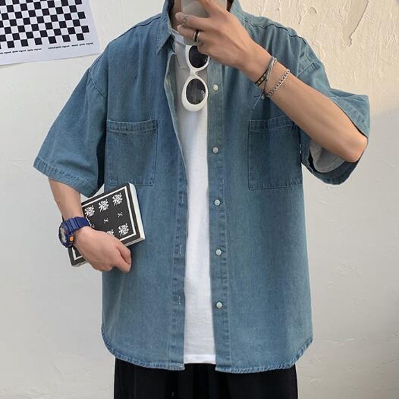 メンズ 夏ファッション シャツ デニム 半袖 カジュアル レトロ | FRY