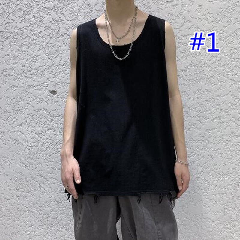 メンズ トップス タンクトップ ベスト ロースリーブ ダメージ加工