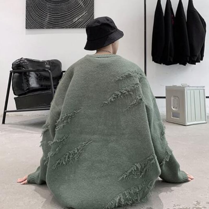 秋冬 メンズ トップス ニット セーター クルーネック ダメージ加工