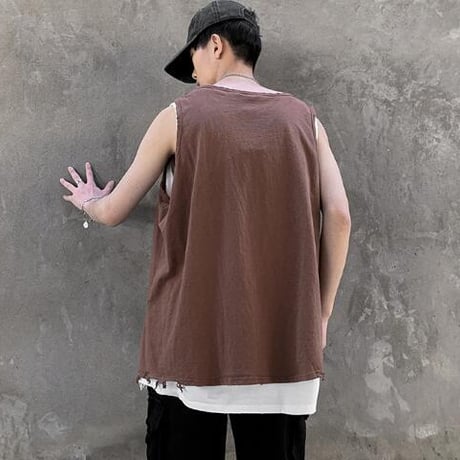 メンズ トップス タンクトップ ベスト ロースリーブ ダメージ加工 レトロ