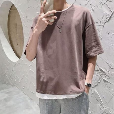 メンズ トップス Tシャツ 半袖 ブラウス クルーネック夏 レイヤード