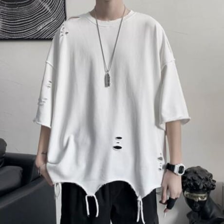 トップス メンズ Tシャツ ブラウス 半袖 暗黒系 ダメージ加工