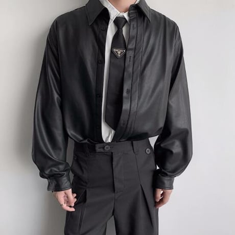シャツ カジュアルシャツ 長袖 フェイクレザー メンズ36