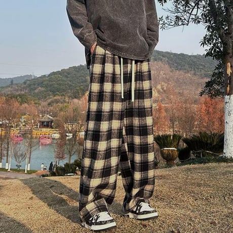 秋冬ボトムス ズボン パンツ   ワイドパンツ  チェック柄 裏起毛 防寒　23