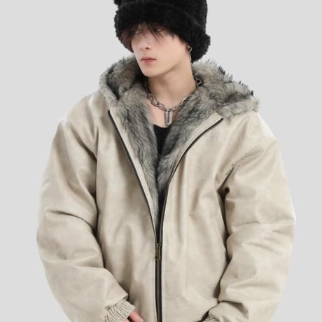 メンズ トップス ジャケット 中綿 フェイクファー フード付き フェイクレザー #27