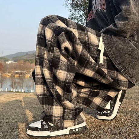 秋冬ボトムス ズボン パンツ   ワイドパンツ  チェック柄 裏起毛 防寒　23