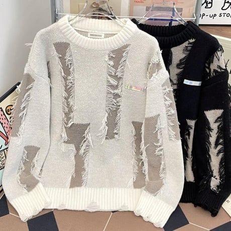 秋冬トップス メンズ ニット セーター ダメージ加工 ファブリック31