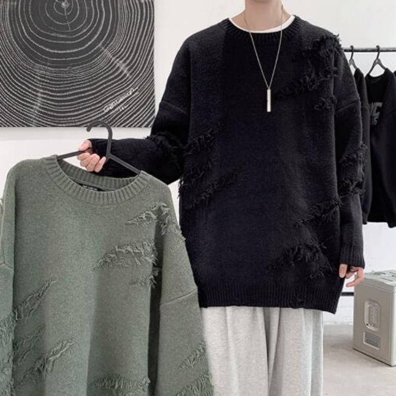 サカイ コットン クルーネック ダメージ ニット セーター デストロイ