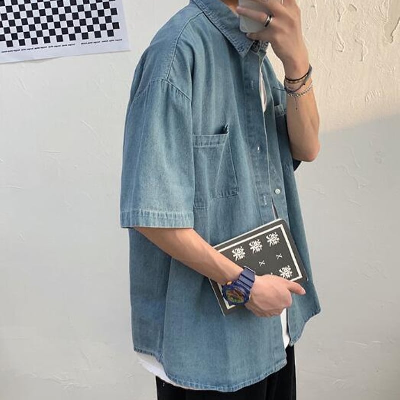 メンズ 夏ファッション シャツ デニム 半袖 カジュアル レトロ | FRY