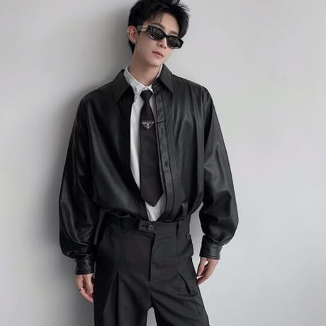 シャツ カジュアルシャツ 長袖 フェイクレザー メンズ36