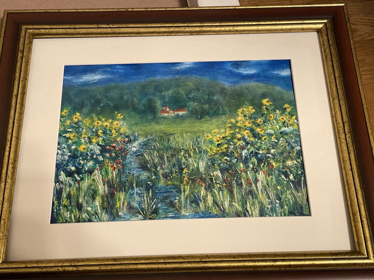 アクリル画　原画　「ひまわりの丘11」額縁付　F4サイズ　風景画 ひまわりの丘」透明水彩画 原画 風景画 額縁付 F4サイズ 絵画