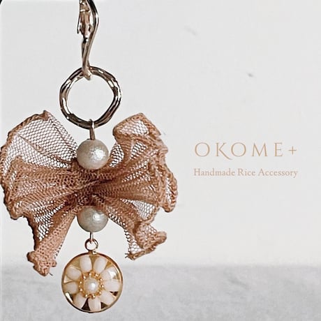 【OKOME+】お米のピアス　チュール　ベージュ　ゴールド系