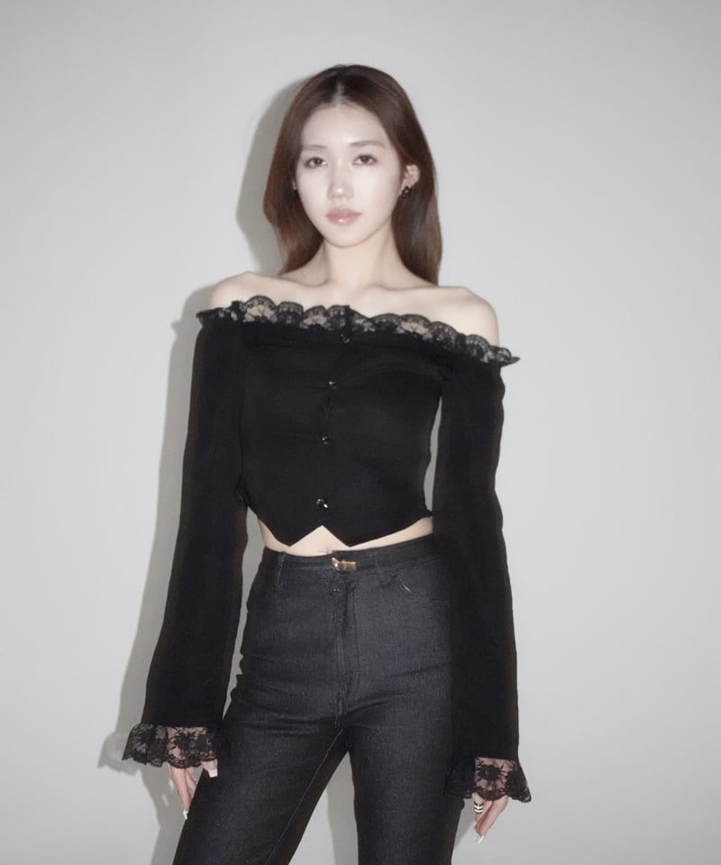 noir lace offshoulder jacket | KISS THE CLUB