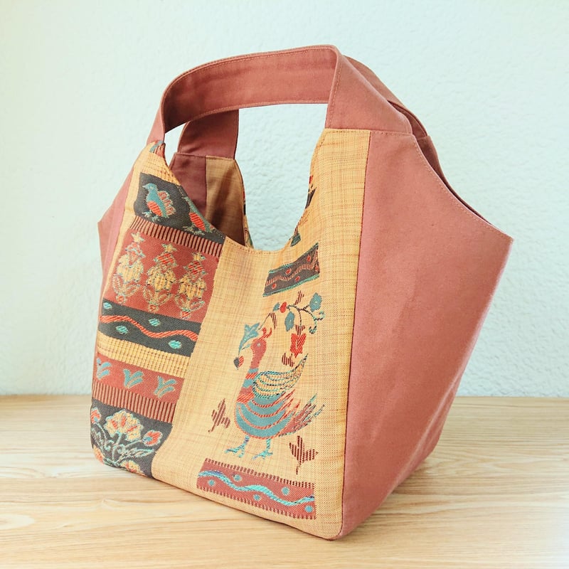 青い鳥の模様の帯で作ったトートバッグ×ココア | *pieni saya*