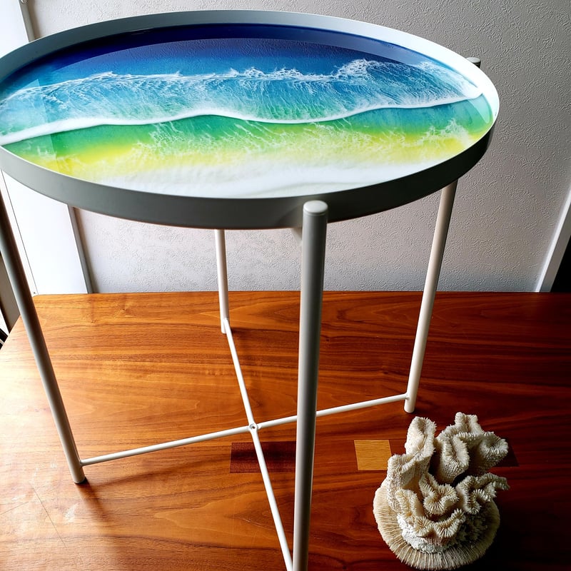 レジンアートテーブル 【Sea side table #2】 直径約44.5㎝×約52.5cm...