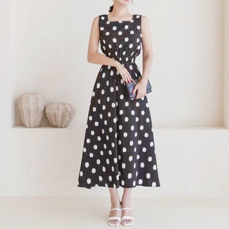 スクエアネックドットワンピース【ブラック】 | SSEONMUL'S STORE