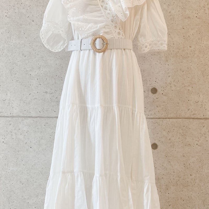 Vネックレースティアードホワイトワンピース【ホワイト