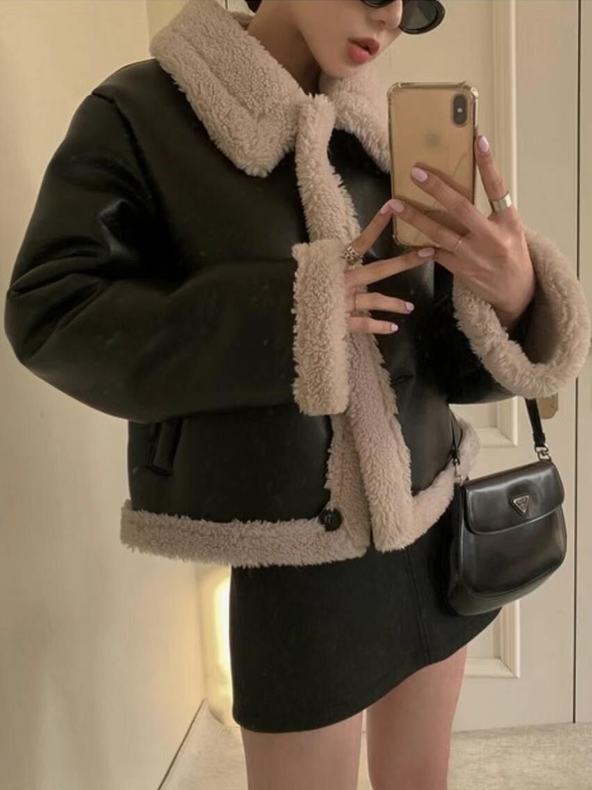 もこもこ配色革ジャケット【ブラック】 | SSEONMUL'S STORE