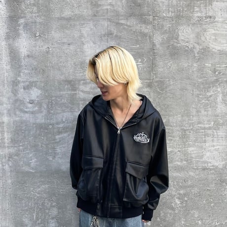 @tmark crown logo leather zip hoodie