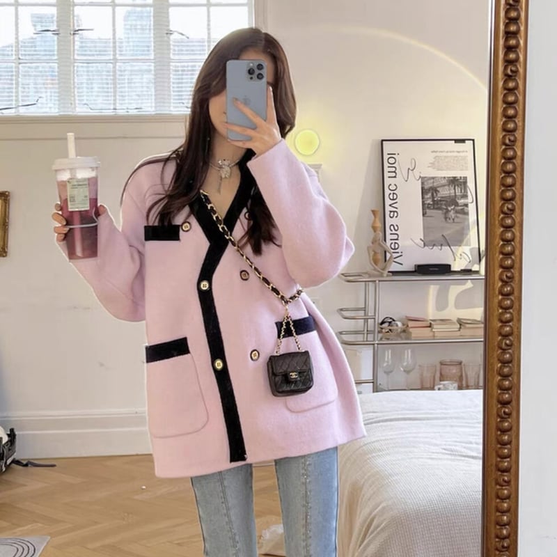 ピンク×ネイビーダブルカーディガン | HANNA CLOSET online