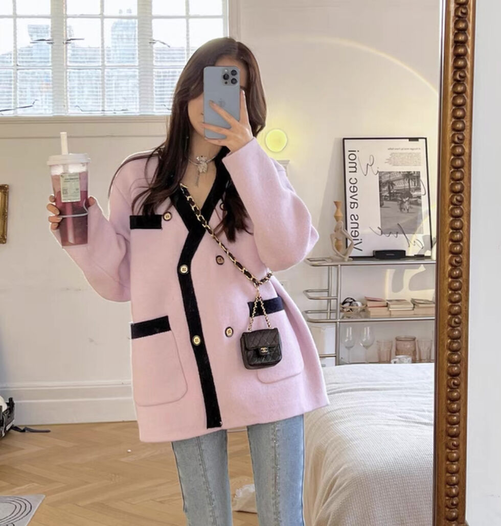 ピンク×ネイビーダブルカーディガン | HANNA CLOSET online