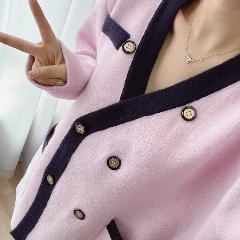 ピンク×ネイビーダブルカーディガン | HANNA CLOSET online
