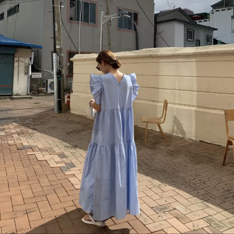 フリルワンピース ロングワンピース パフスリーブ ブルー ブルーフリルワンピース♡ | HANNA CLOSET online