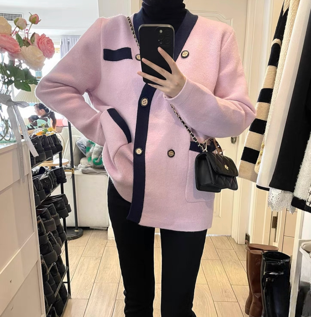 ピンク×ネイビーダブルカーディガン | HANNA CLOSET online