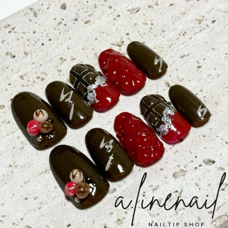ネイルチップ #124 赤 ハート バレンタイン チョコレートネイル ネイルチップ バレンタインネイル ギャルネイル ハートネイル