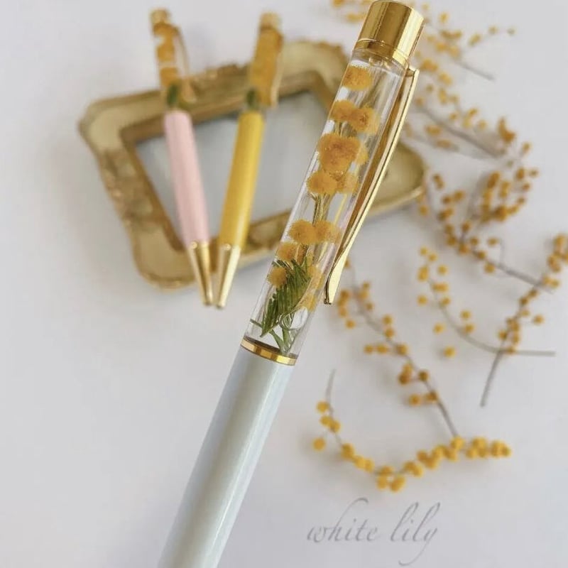 No.723 イタリアミモザ＆リーフ♡固まるハーバリウムペン立て No.723 イタリアミモザ＆リーフ♡固まるハーバリウムペン立て