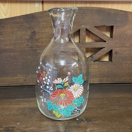昭和戦前頃　古硝子　ガラス絵　菊花に梅花図　酒徳利　一対　アンティーク 昭和戦前頃古硝子ガラス絵菊花に梅花図酒徳利一対アンティーク