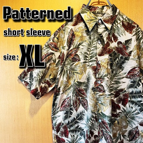 【激渋】枯葉模様　総柄半袖シャツ　XL 木の葉柄　オープンカラー