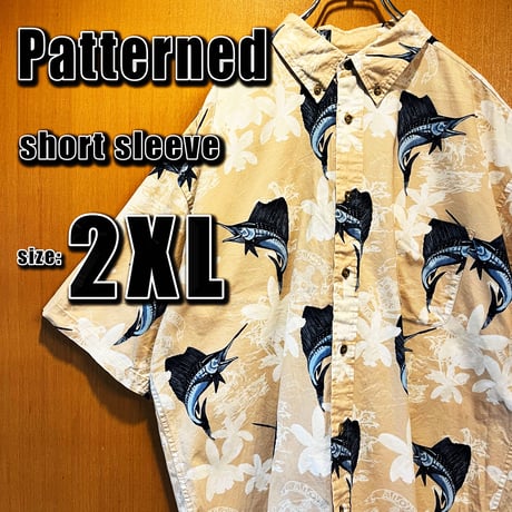 【カジキ柄】puritan総柄半袖BDシャツ　2XL ベージュ　アロハシャツ