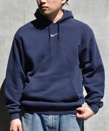 90s Used Nike Center Swoosh Sweat Hoodie Navy Made in USA 04-389
