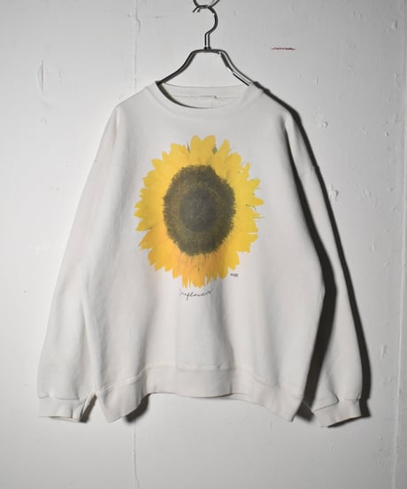 94s Used MAZE Sunflower Design Print Crew Neck Sweat Shirts Cream 04-387