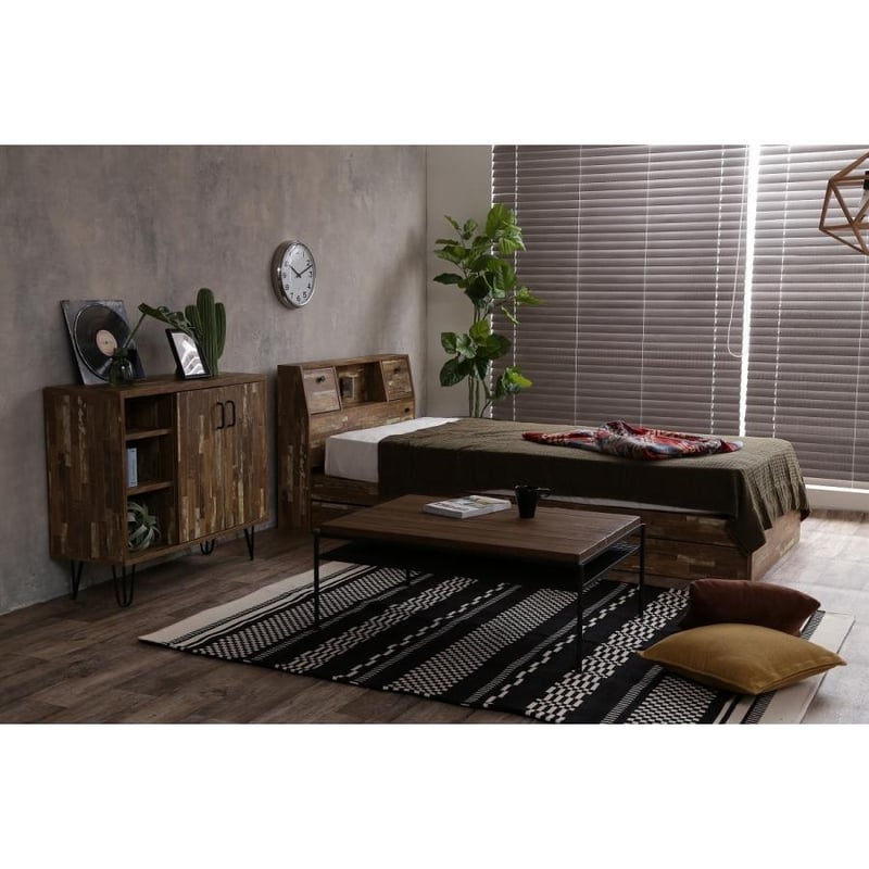 引取】Cave 寄木柄引出し付 過ごせ ダブルベッド ヴィンテージ  