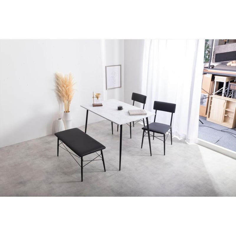 4点セット】Evie 幅110cm石目柄ダイニングテーブル+ダイニングベンチ+  