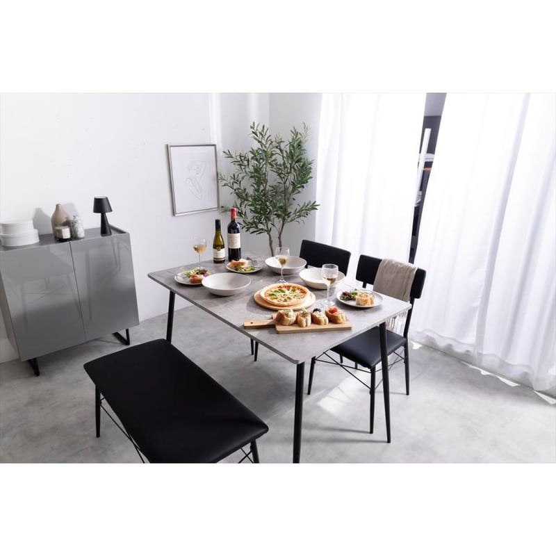 4点セット】Evie 幅110cm石目柄ダイニングテーブル+ダイニングベンチ+  