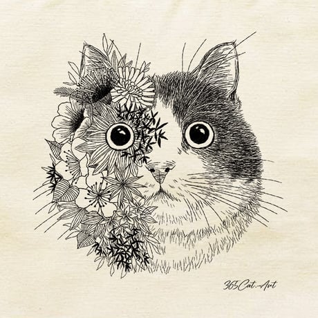 エコバッグ / "花と猫" 動物の絵、イラスト猫雑貨