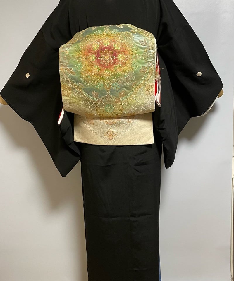＊ 市松人形 15号 アンティーク 黒留袖 着物 帯 ＊ 留袖 明治 黒留袖 留め袖 S－Mサイズ 中古 貸衣装処分品 風景画 リユース
