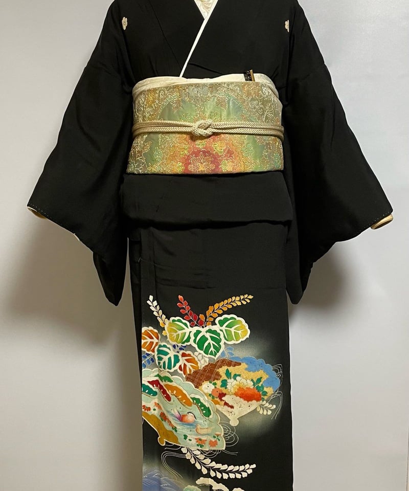 アンティーク　黒振袖　黒留袖　着物　レトロ　リメイク アンティーク黒留袖一式レンタル 昭和初期 桐に舟紋様 | 着物