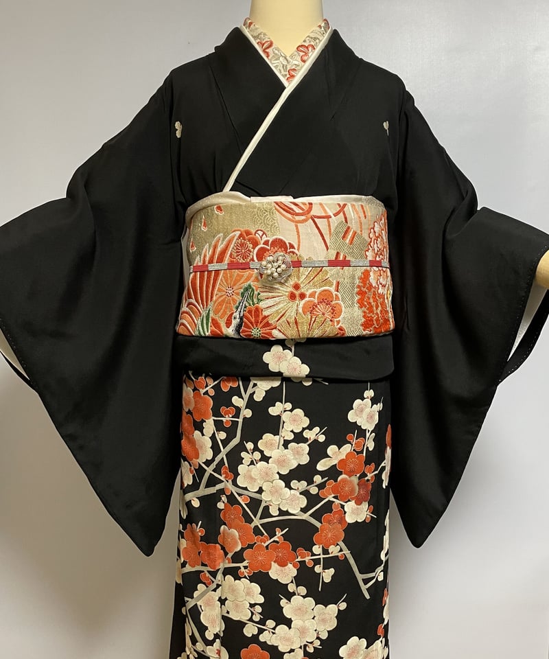 落款あり 黒留袖 梅 竹 紅葉 エ霞 おしどり文様 正絹 比翼仕立 y650 落款あり 黒留袖 梅 竹 紅葉 エ霞 おしどり文様 正絹 比翼仕立 y650
