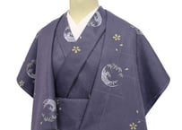 受注生産　洗える着物の仕立て付き ポリエステル 竹格子に笹と桜 青紫 (夏反物) バチ衿単衣仕立て 反物・仕立て代込み 単衣ハイテク仕立て オーダーサイ